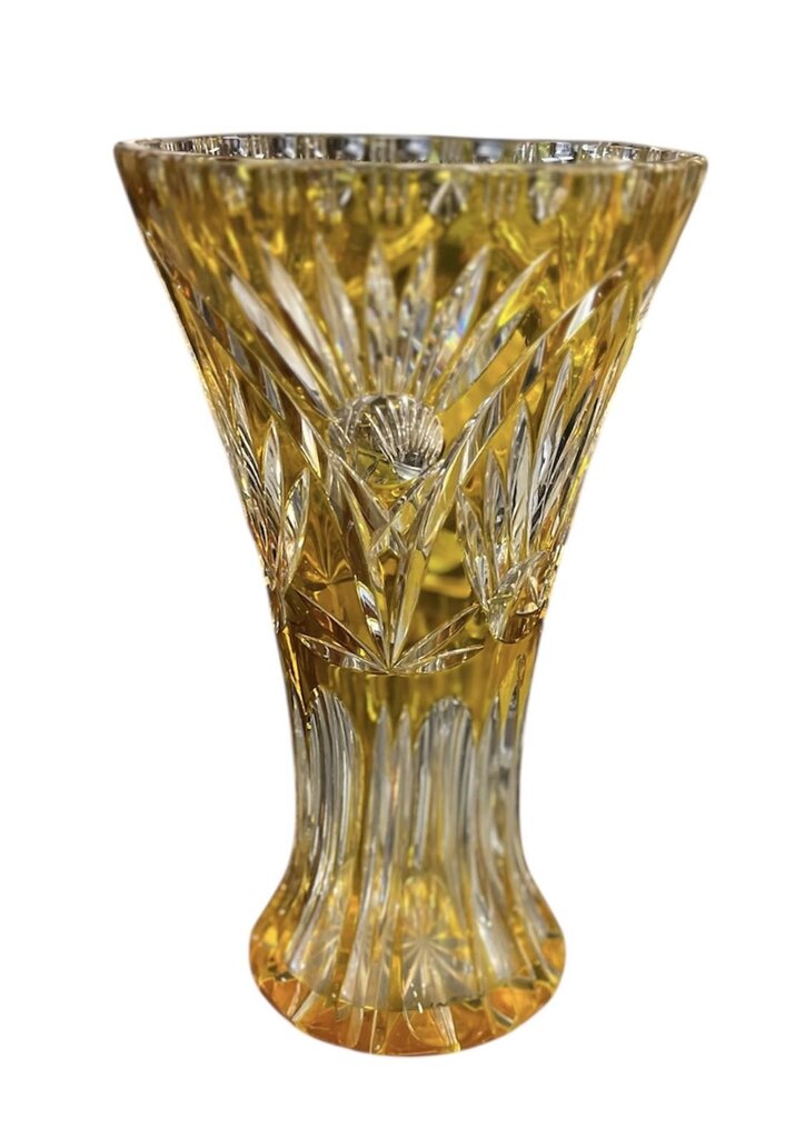Vintage Bohemian Amber Cut to Clear Vase 11 Inch