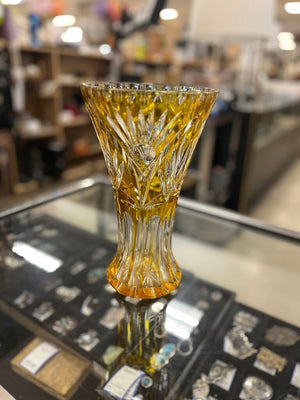 Vintage Bohemian Amber Cut to Clear Vase 11 Inch