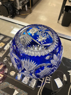 Vintage Bohemian Cobalt Cut To Clear Rose Bowl