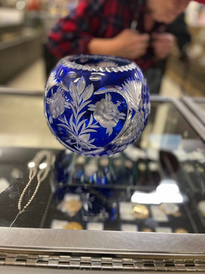 Vintage Bohemian Cobalt Cut To Clear Rose Bowl