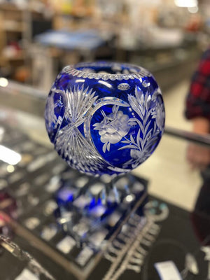 Vintage Bohemian Cobalt Cut To Clear Rose Bowl