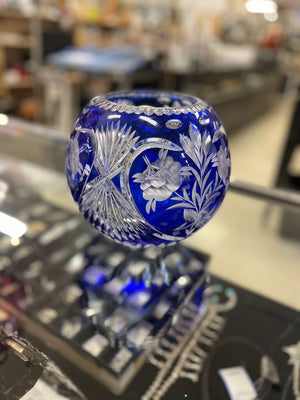 Vintage Bohemian Cobalt Cut To Clear Rose Bowl