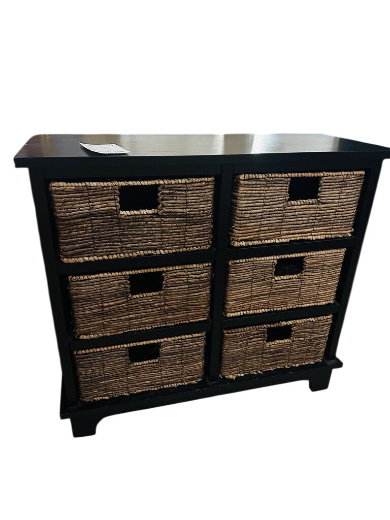 Six Drawer Wicker Storage Unit With Wood Frame And Baskets