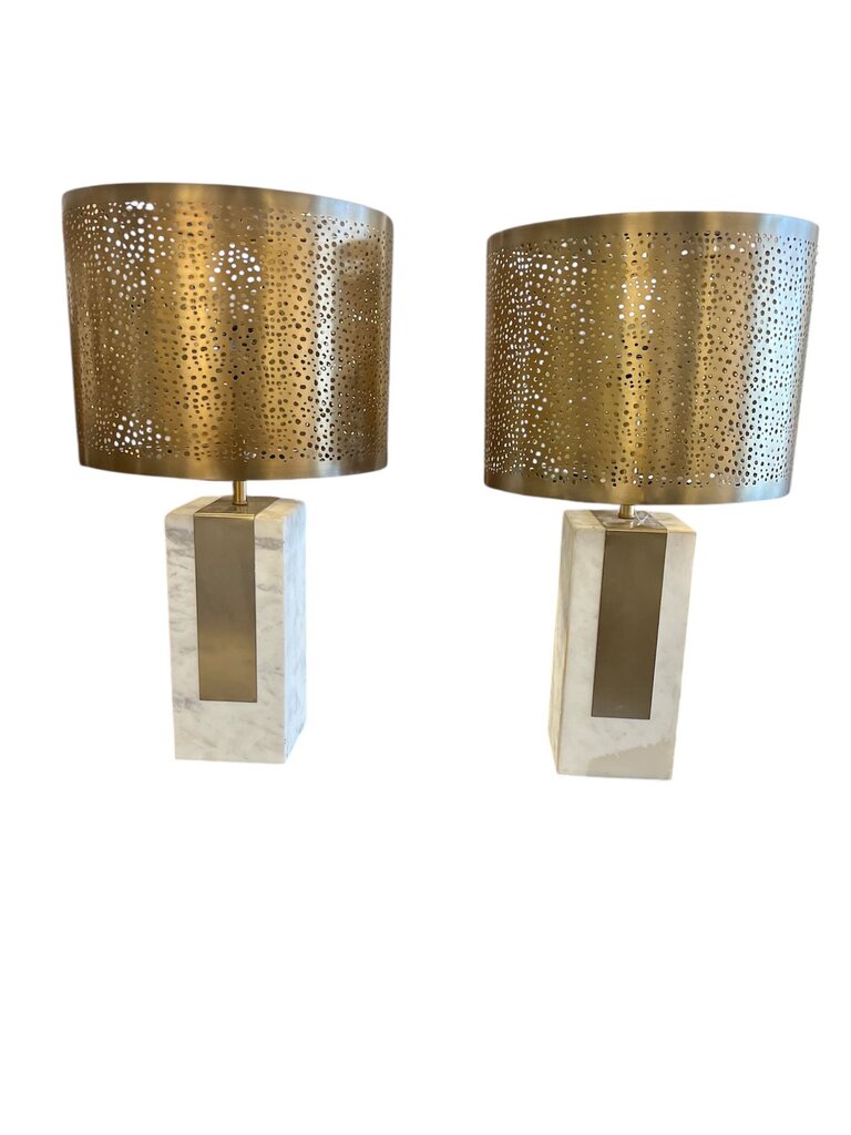 Stone Table Lamps w/Pierced Brass Shades