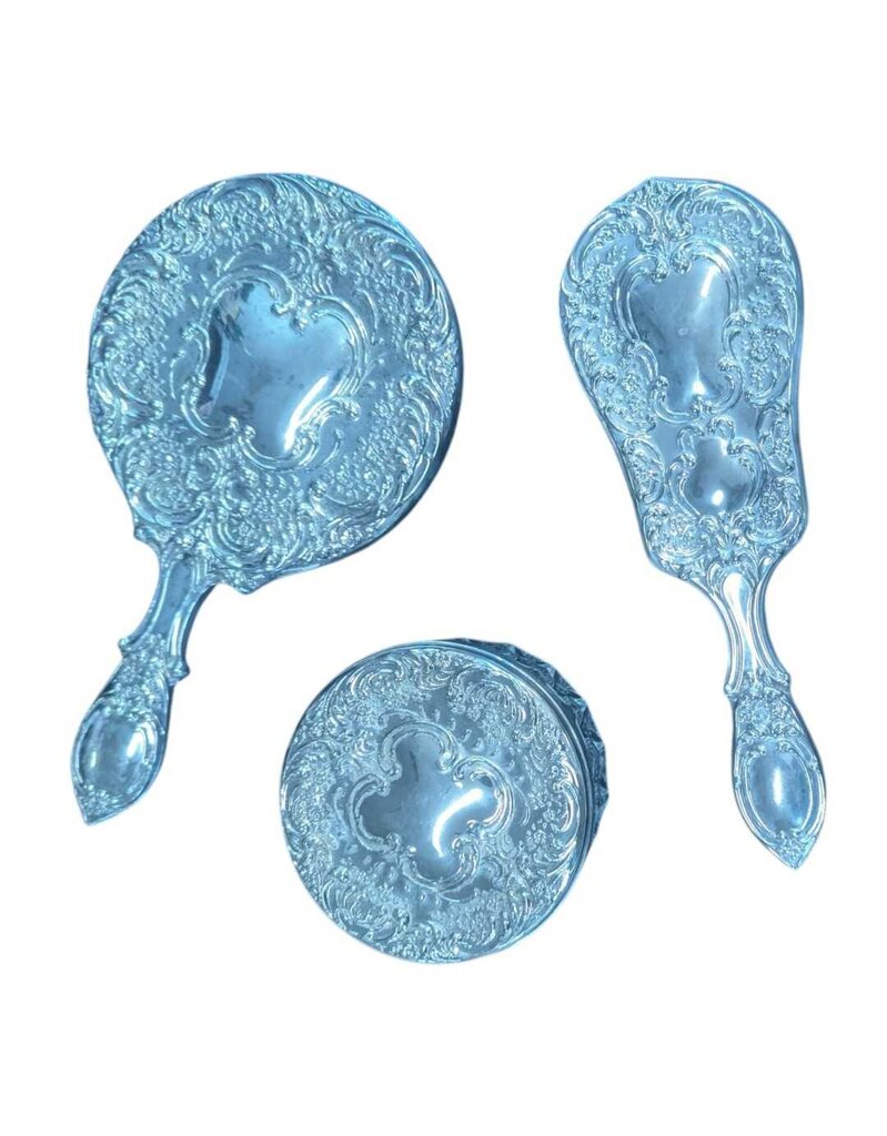 Silver Plated Dresser Set: Mirror, Brush, Pressed Powder Container