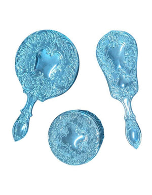Silver Plated Dresser Set: Mirror, Brush, Pressed Powder Container