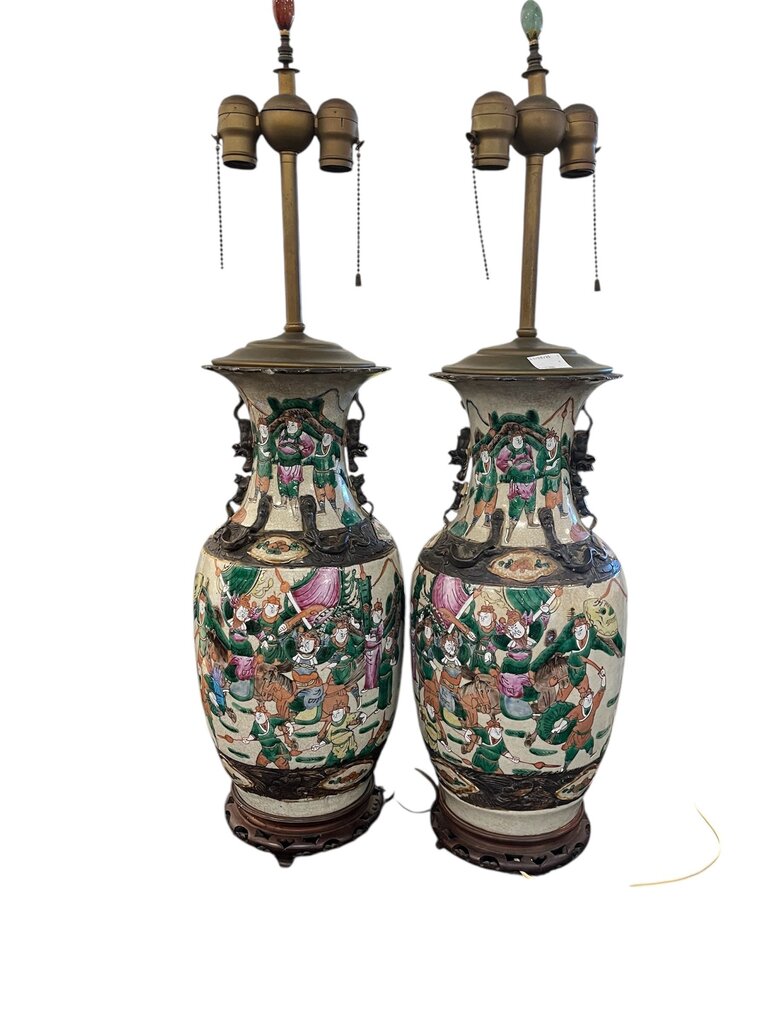 Antique Chinese Nanking Famille Rose Lamps Pair