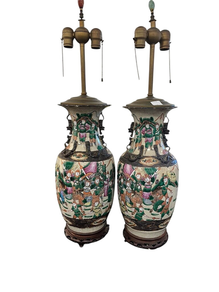 Antique Chinese Nanking Famille Rose Lamps Pair