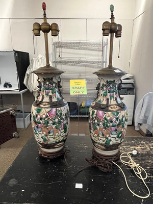 Antique Chinese Nanking Famille Rose Lamps Pair
