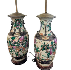 Antique Chinese Nanking Famille Rose Lamps Pair
