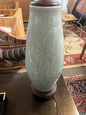 Vintage Celadon Porcelain Table Lamp Floral Design 30 Inch