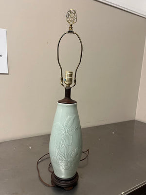 Vintage Celadon Porcelain Table Lamp Floral Design 30 Inch