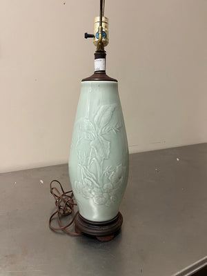 Vintage Celadon Porcelain Table Lamp Floral Design 30 Inch