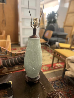 Vintage Celadon Porcelain Table Lamp Floral Design 30 Inch