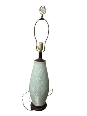 Vintage Celadon Porcelain Table Lamp Floral Design 30 Inch
