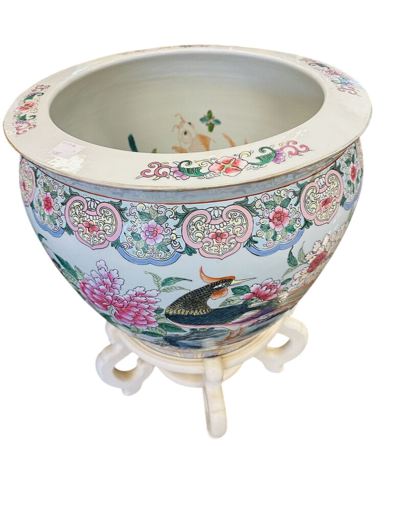 Asian-style porcelain fishbowl planter On Stand 18x34