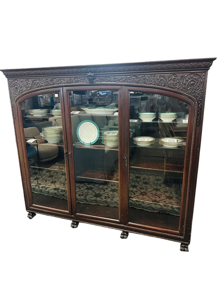 Antique Carved Mahogany Triple Door Bookcase