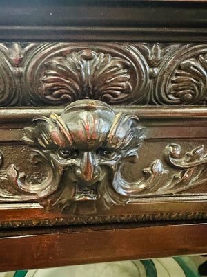 Antique Carved Mahogany Triple Door Bookcase