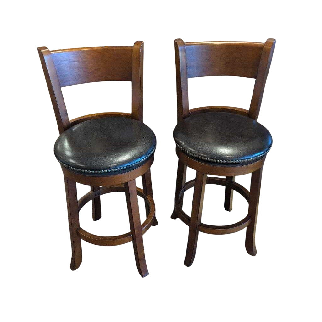 Round Swivel Wooden Counter Stools Studded Seats (Pair)