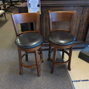 Round Swivel Wooden Counter Stools Studded Seats (Pair)