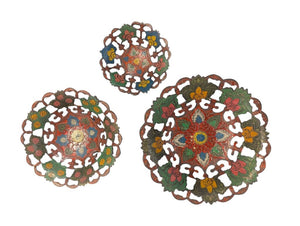 Indian Brass Hand Painted Enamel Footed Bowls 3PC Set Vintage