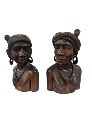 Carved Wooden Bust's Man & Woman Igorot Philippines (Pair)