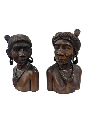 Carved Wooden Bust's Man & Woman Igorot Philippines (Pair)
