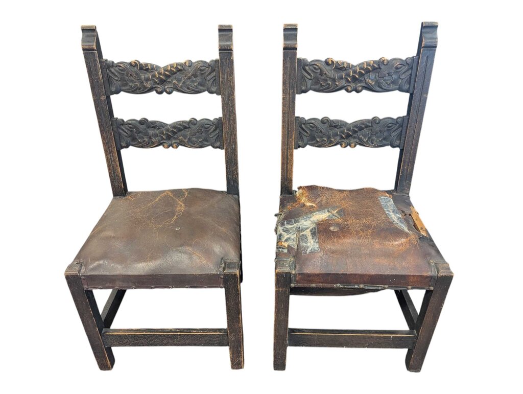 Antique Carved Chairs with Leather Seats (Pair)