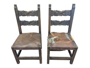 Antique Carved Chairs with Leather Seats (Pair)
