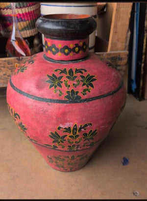 Kashmiri Indo-Raj Red Hand Painted Metal Floral Motif Vase 20"