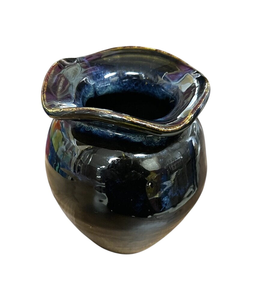 Blue Black Drip Glaze Ruffle Mouth Ceramic Vase