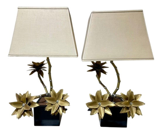 1970's Christian Techoueyres for Maison Jansen Brass Pewter Table Lamp Featuring Succulent Branches (2 Pcs Set) by Miss Daisy's Consignment & Auction House