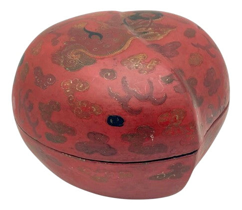 19th Century Chinese Papier-Mache & Wood Ash Red & Black Lacquered Hand Painted Food Dog Motif Peach Shaped Lidded Box by Miss Daisy's Consignment & Auction House