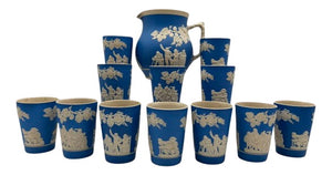 Antique Copeland Spode England Blue Sprigged Tavern Scene Jasperware Pitcher & Tumbler Set (13pcs) by Miss Daisy's Consignment & Auction House
