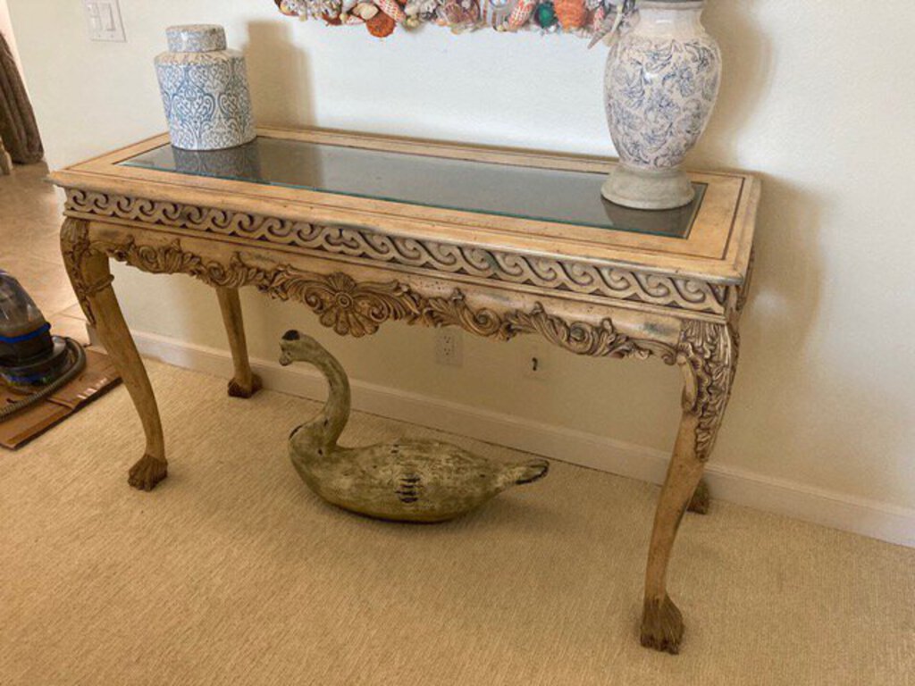 French Ornate Console Table With Glass Insert Top
