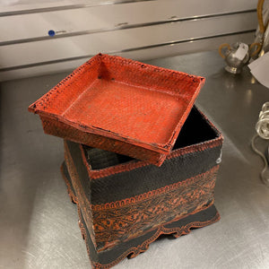 Red+Black Square Lacquerware Woven Wicker Basket (5"x5"x8.5") by Miss Daisy's Consignment & Auction House