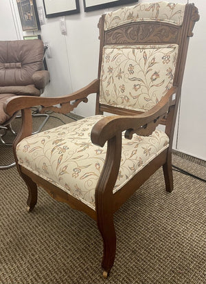 Eastlake Style Cherry Arm Chair Floral Upholstery w/ Casters