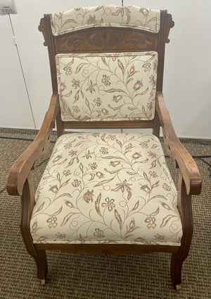 Eastlake Style Cherry Arm Chair Floral Upholstery w/ Casters