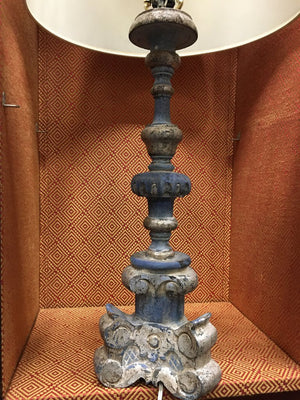 Distressed Wood Silver Blue Table Lamp Pair 30" by Miss Daisy's Consignment & Auction House