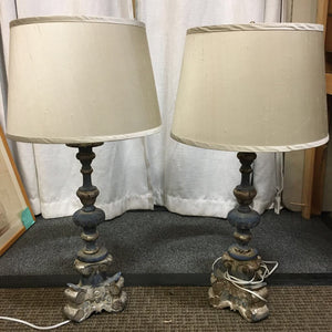 Distressed Wood Silver Blue Table Lamp Pair 30" by Miss Daisy's Consignment & Auction House