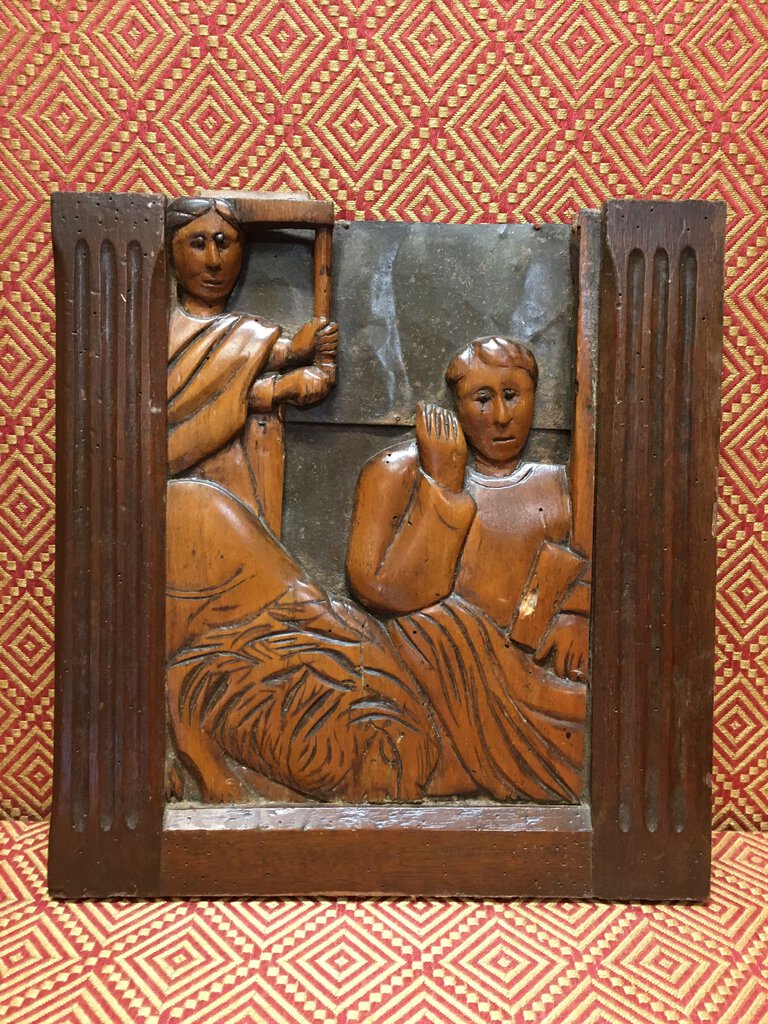 European Wooden Figural Wall Panel Ca. 1920 W Tin
