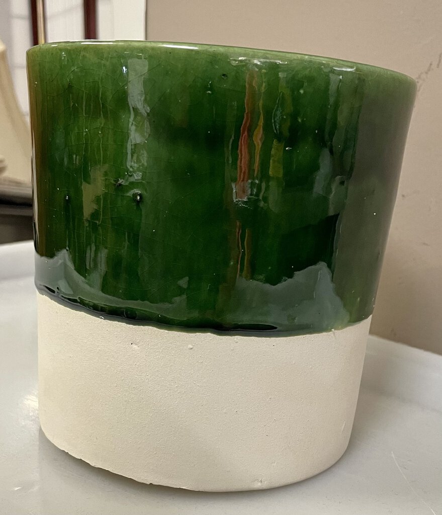 Green and White Glazed Ceramic Crock