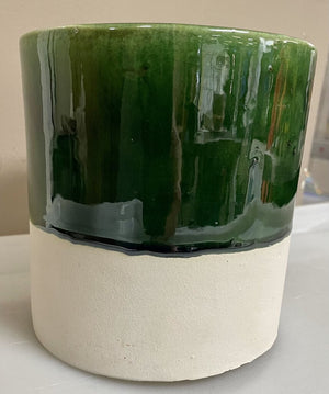 Green and White Glazed Ceramic Crock