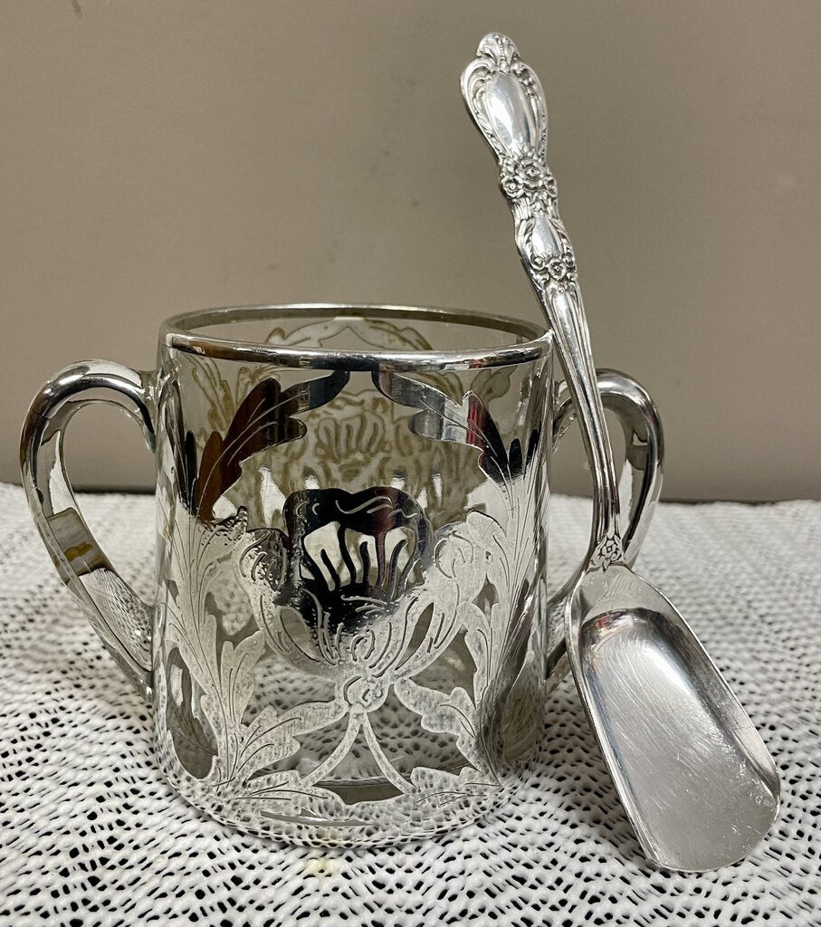 Mid Century Glass Sugar Bowl w/Silver Overlay + Spoon