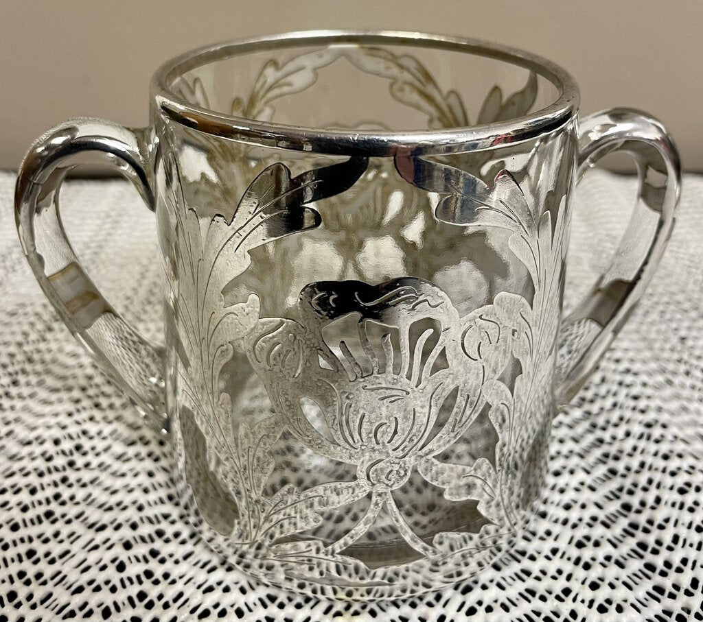 Mid Century Glass Sugar Bowl w/Silver Overlay + Spoon