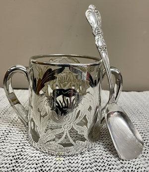 Mid Century Glass Sugar Bowl w/Silver Overlay + Spoon