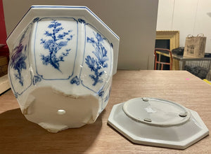 Asian Style Blue White Porcelain Octagonal Planter w/ Tray