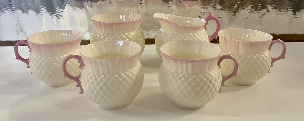 Vintage Belleek Thistle Pattern Tea Cups (Set of 4)
