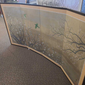 Haruki Sakuraba Japanese Four Panel Folding Screen (Byobu) "The Nightingale and The Plum" 66x36