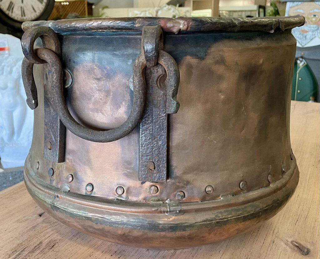 Large Hammered Copper Cauldron Iron Handles